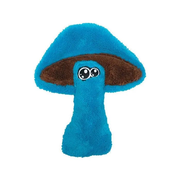 The Cycle Dog Duraplush Mushroom by Cycle Dog is a plush dog toy shaped like a mushroom, featuring a blue stem and cap, brown underside, and big cartoon eyes—an eco-friendly choice thats both cute and durable.