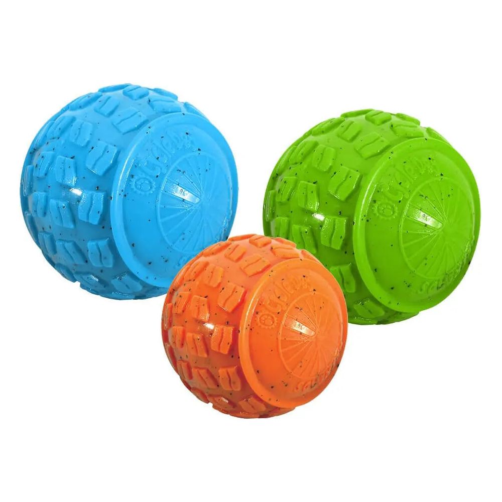 Three textured Cycle Dog High Roller Dog Balls in blue, orange, and green are shown. Each durable ball features a rugged, bumpy surface with the Cycle Dog brand embossed on the side. The balls are grouped closely together.