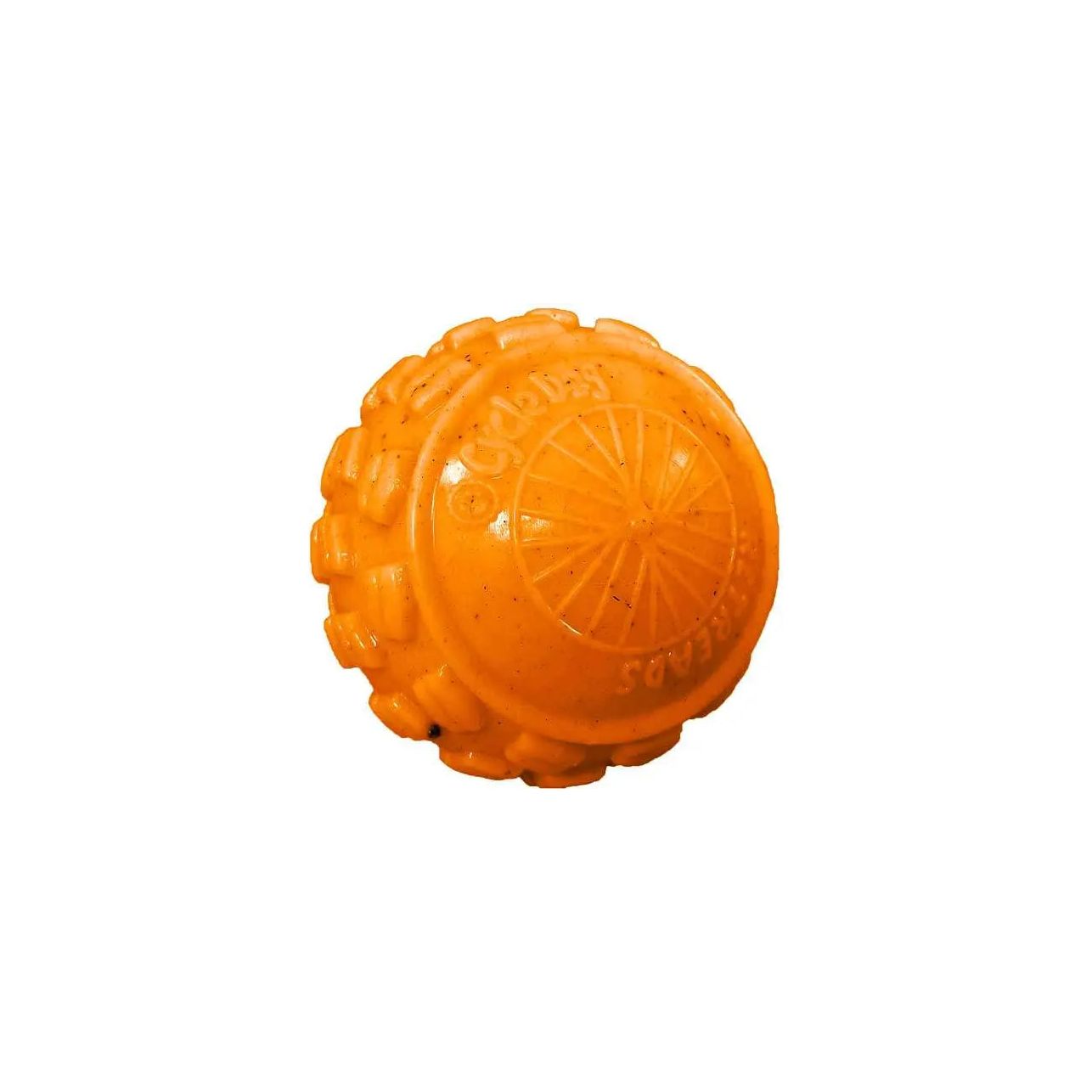 The Cycle Dog High Roller Dog Ball by Cycle Dog is eco-friendly and durable, featuring raised textures, a sunburst design, and ridges to enhance your dog’s chewing fun.