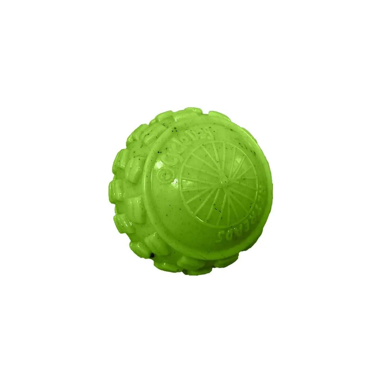 The Cycle Dog High Roller Dog Ball is a bright green, durable toy with a rugged, textured surface and raised patterns for grip and chewing. This eco-friendly dog ball features the brand name “Cycle Dog” imprinted on it.