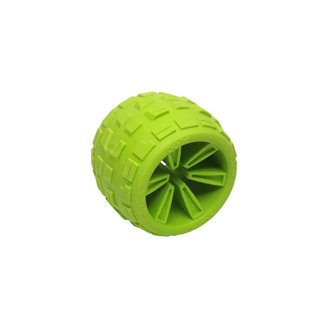 The Cycle Dog High Roller Plus Dog Ball by Cycle Dog is a bright green, eco-friendly rubber toy shaped like a chunky tire with open spokes and blocky tread; it also floats, making it perfect for water play.