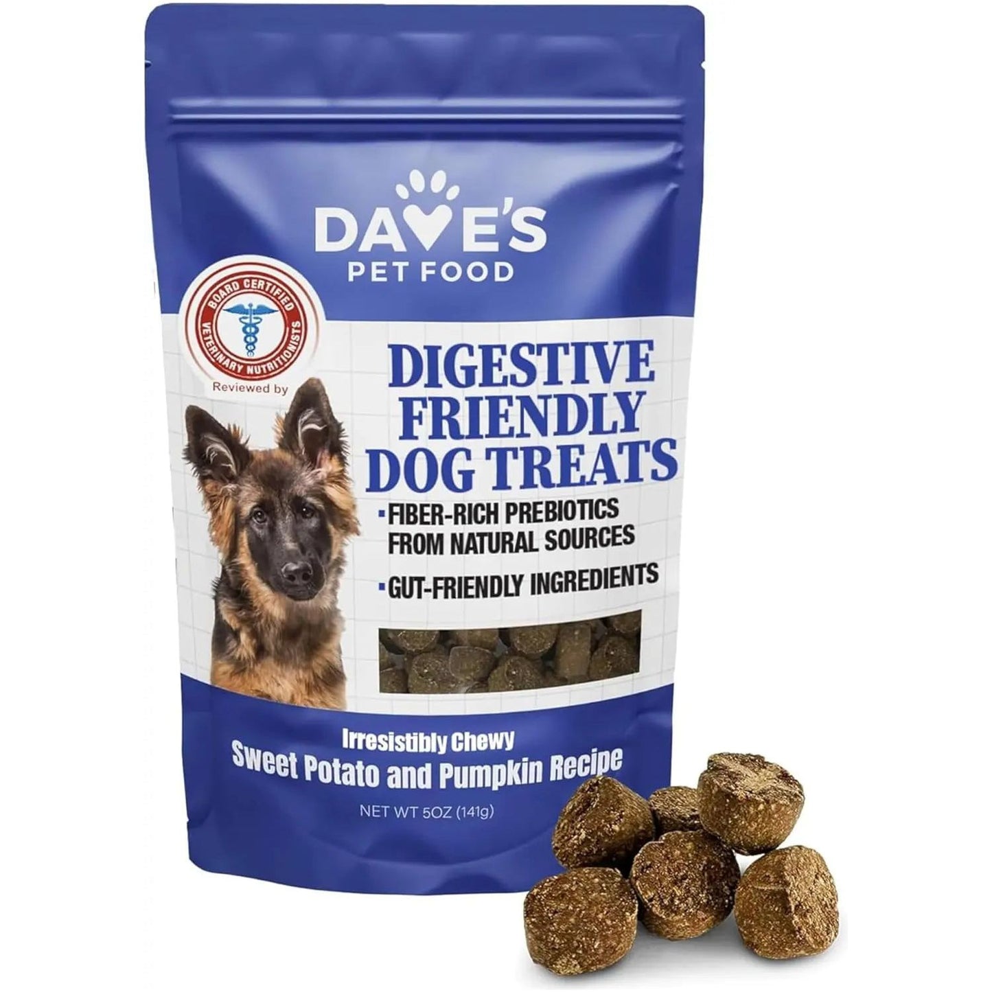 A blue and white 5oz bag of Daves Pet Food Sensitive Stomach Sweet Potato & Pumpkin Grain-Free Soft & Chewy Dog Treats, showing a dog photo, key benefits, and several brown dog treats outside the packaging.