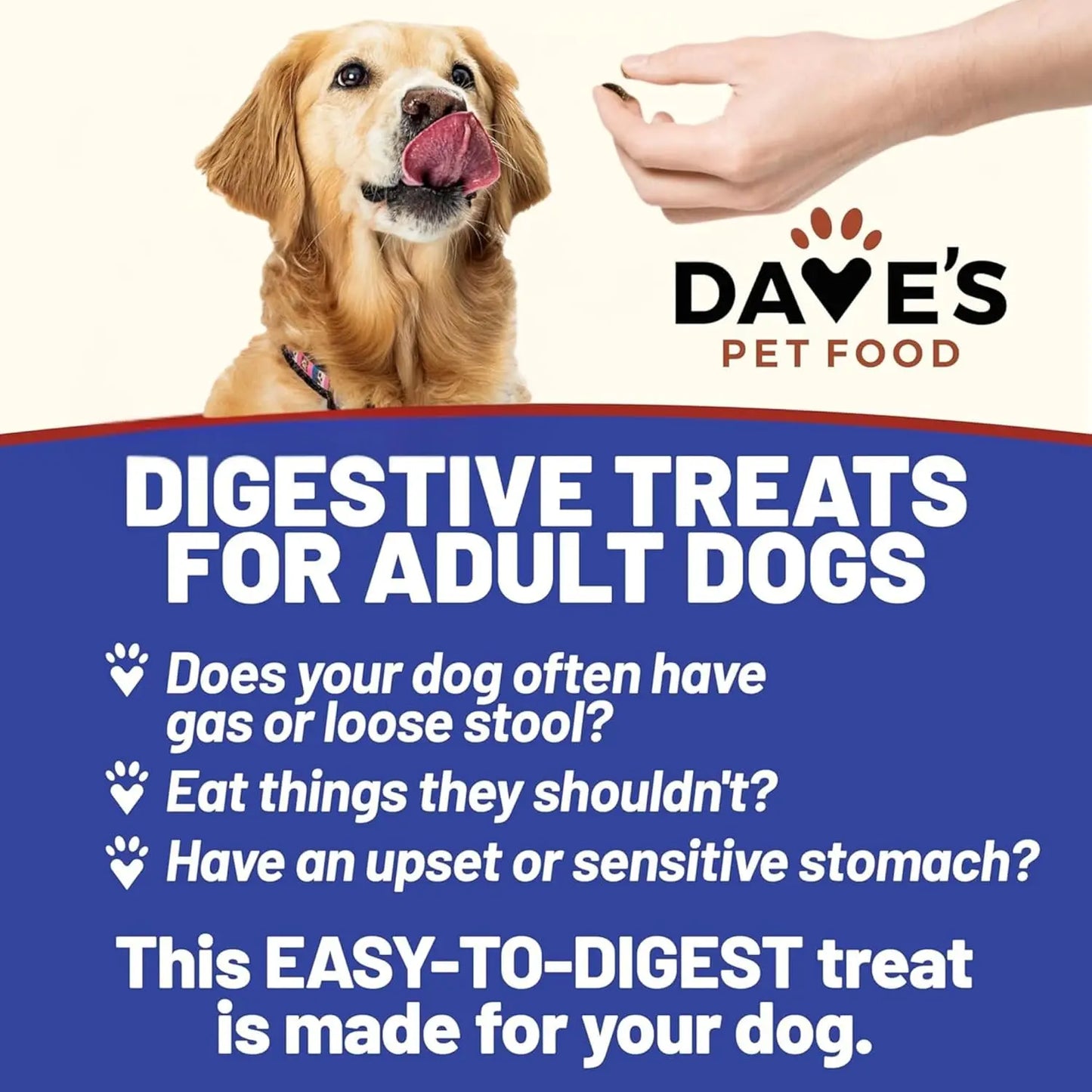 A happy dog licks its lips near a hand above the Daves Pet Food logo. Text below highlights Daves Pet Food Sensitive Stomach Sweet Potato & Pumpkin Grain-Free Soft & Chewy Dog Treats for digestive support in adult dogs.