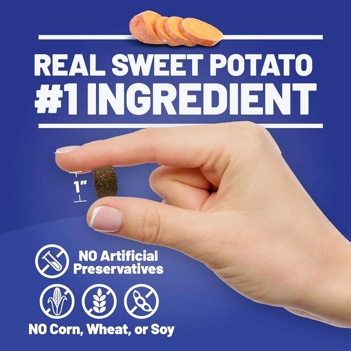 A hand holds a treat under the text, “Real Sweet Potato #1 Ingredient.” Icons say: No Artificial Preservatives and No Corn, Wheat, or Soy. Dave’s Pet Food Sensitive Stomach Sweet Potato & Pumpkin treats are great for pups with sensitive stomachs.