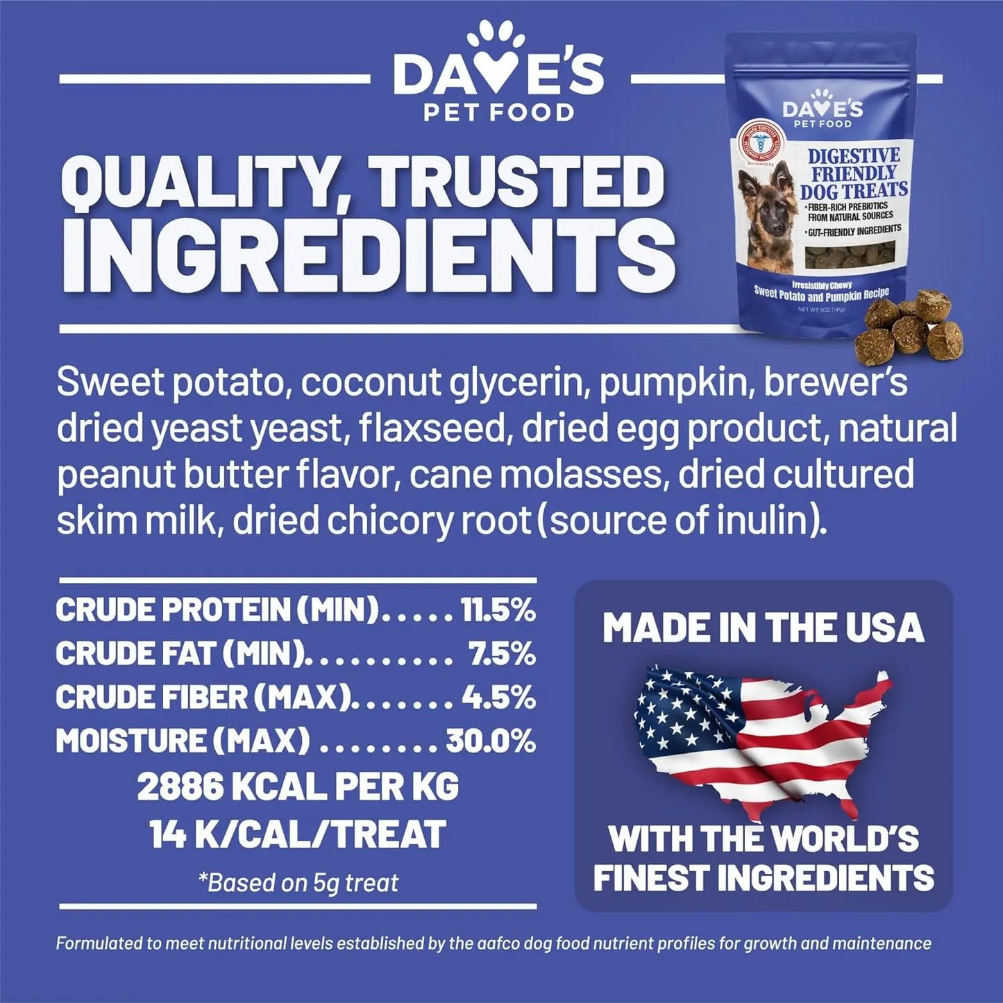 The label for Daves Pet Food Sensitive Stomach Sweet Potato & Pumpkin Grain-Free Soft & Chewy Dog Treats 5oz highlights quality ingredients, nutritional info, and that its made in the USA—ideal for dogs with sensitive stomachs.