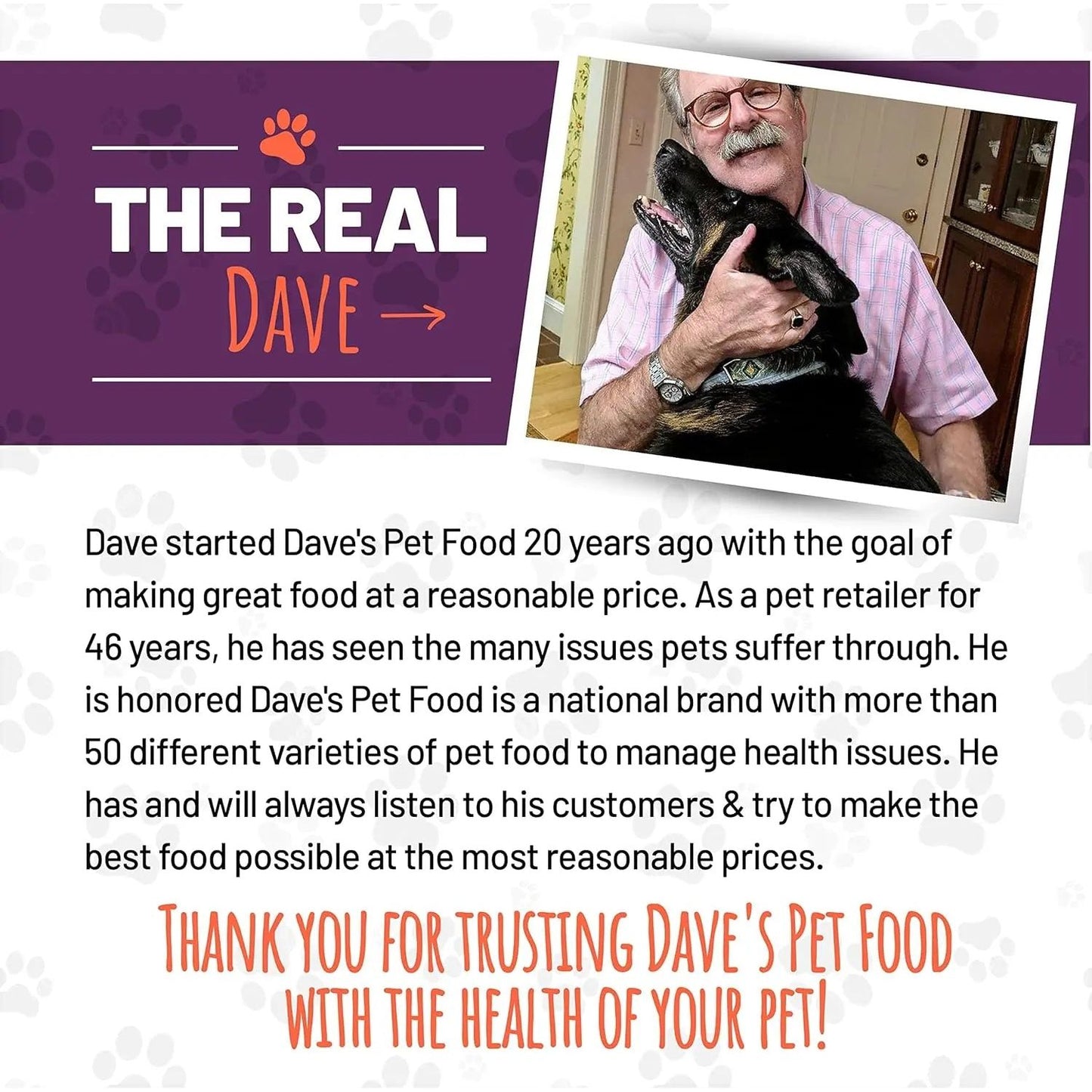 A smiling man with glasses hugs a happy black dog. Text shares how Dave started Dave’s Pet Food to offer affordable, high-quality options like Sensitive Stomach Sweet Potato & Pumpkin Grain-Free Soft & Chewy Dog Treats and thanks customers for their trust.