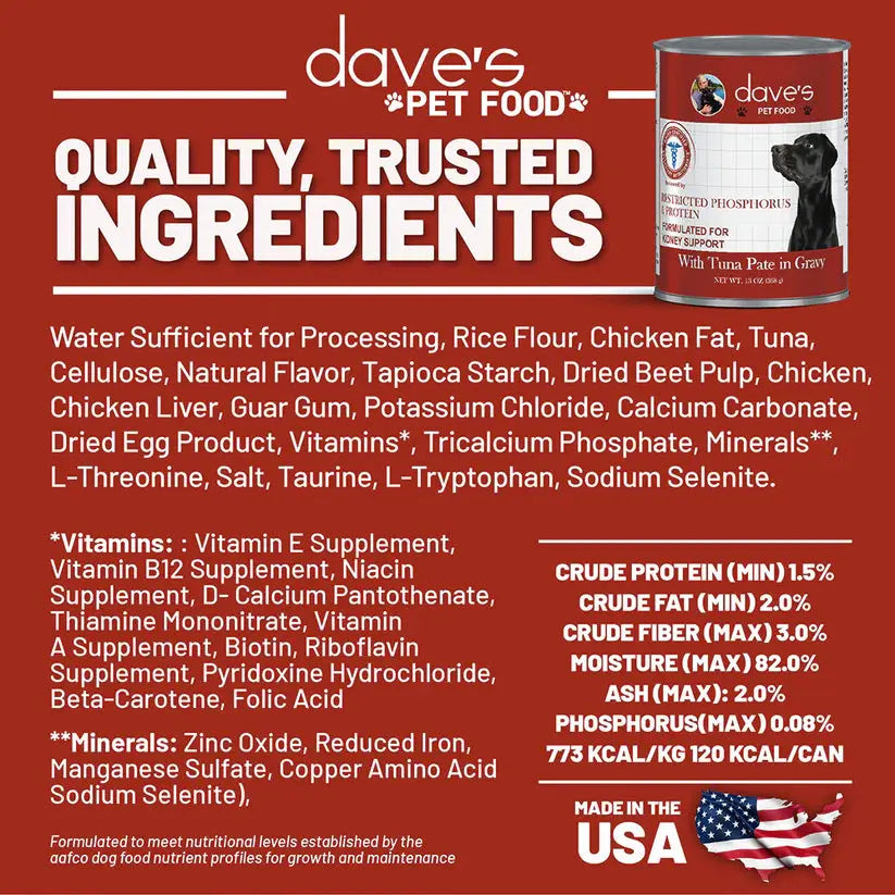 Dave's Pet Food Veterinarian Formulated Restricted Phosphorus & Protein Kidney Support, Tuna Pate in Gravy Wet Dog Food Dave's Pet Food