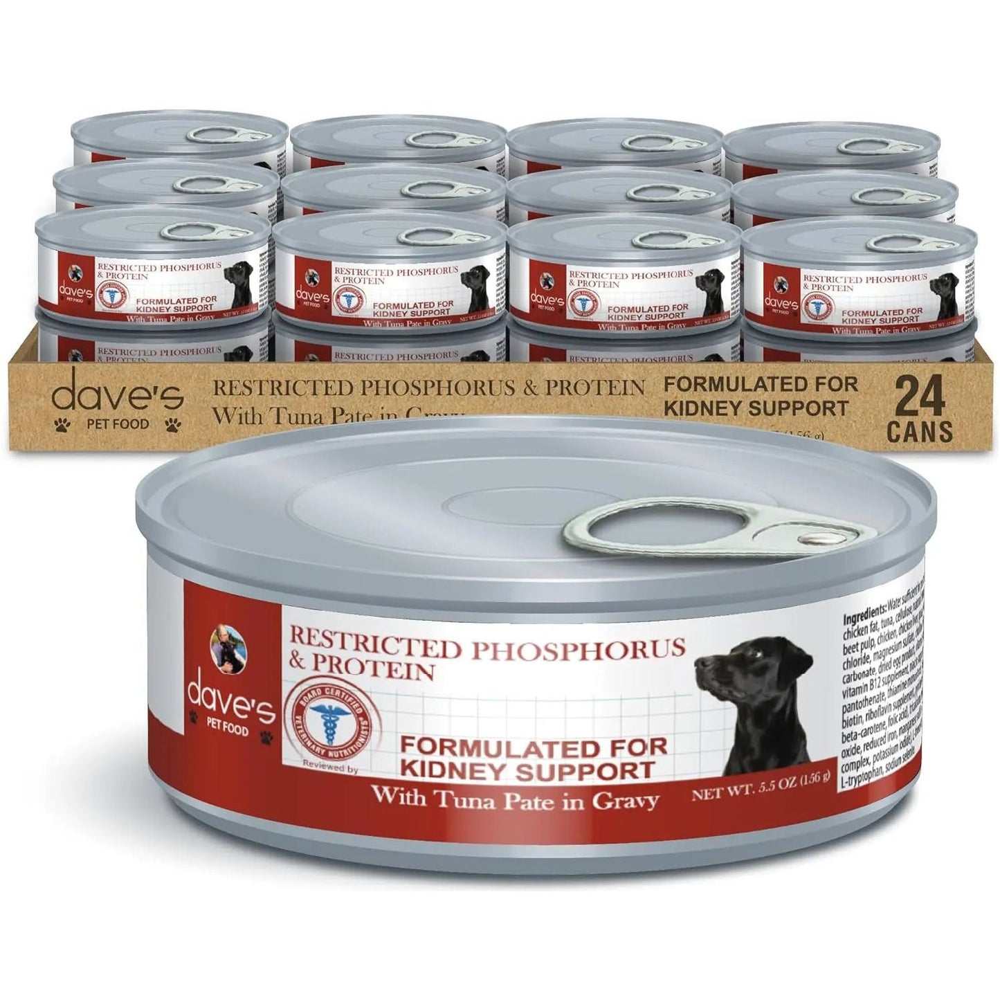 A 24-pack of Daves Pet Food Veterinarian Formulated Restricted Phosphorus & Protein Kidney Support Tuna Pate in Gravy Wet Dog Food, each can featuring a black dog illustration.
