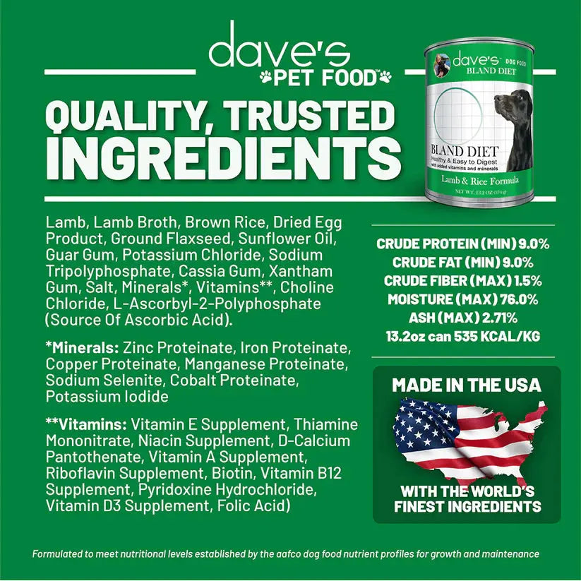 Dave's Restricted Diet Bland Lamb & Rice Dinner Canned Dog Food 12ea/13 oz Dave's Pet Food