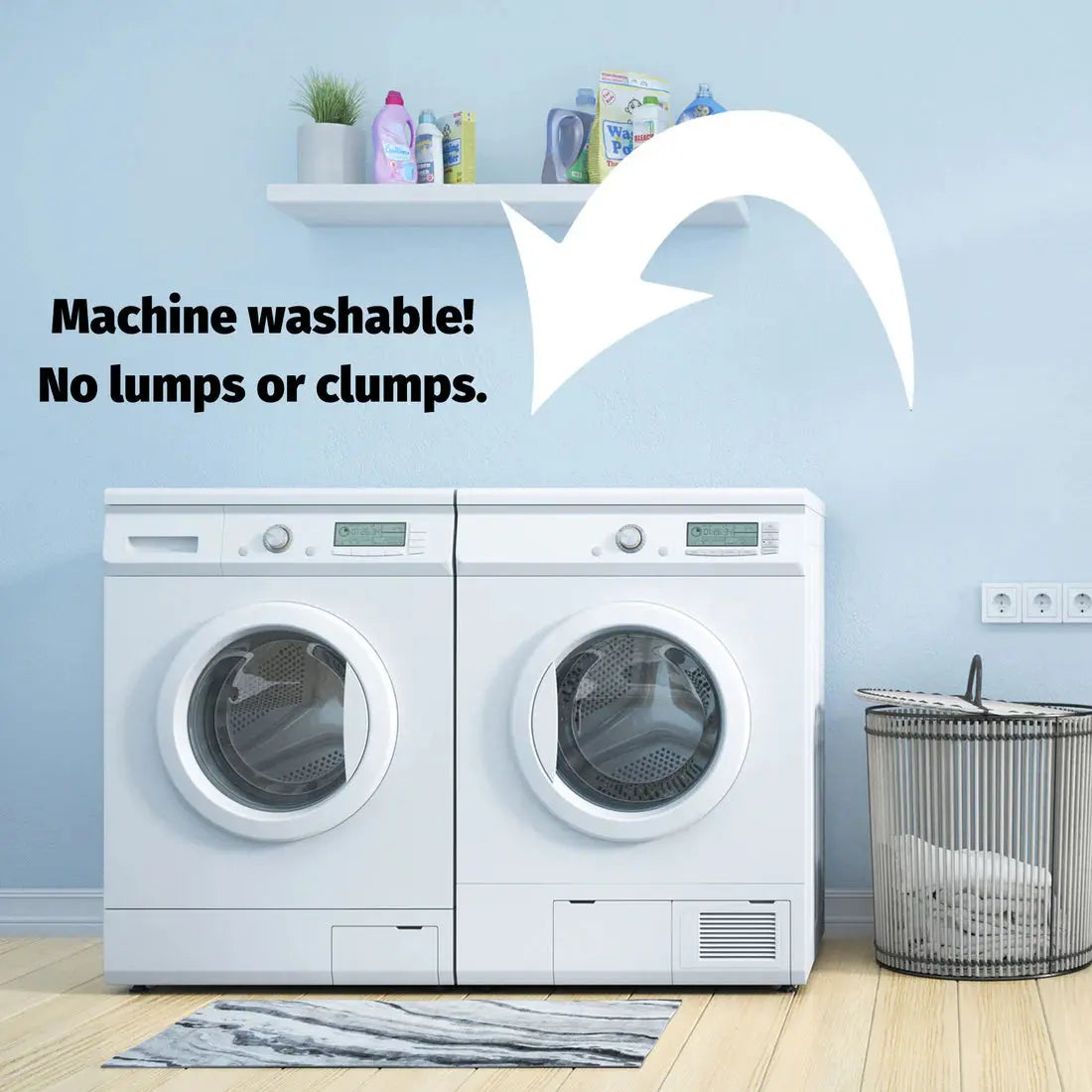 A laundry room with a washer, dryer, basket, and shelves. Text: HuggleHounds Woodland HuggleFlatties Tough Squeaky Plush Small Dog Toys 3pk—machine washable with no lumps or clumps! An arrow points to the appliances.
