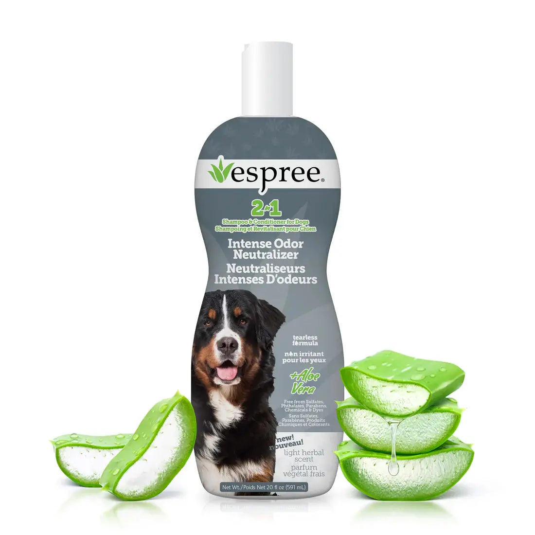 Espree 2in1 Intense Odor Neutralizer Dog Shampoo 20 oz features a happy pup on the label, surrounded by fresh aloe vera leaves with droplets.