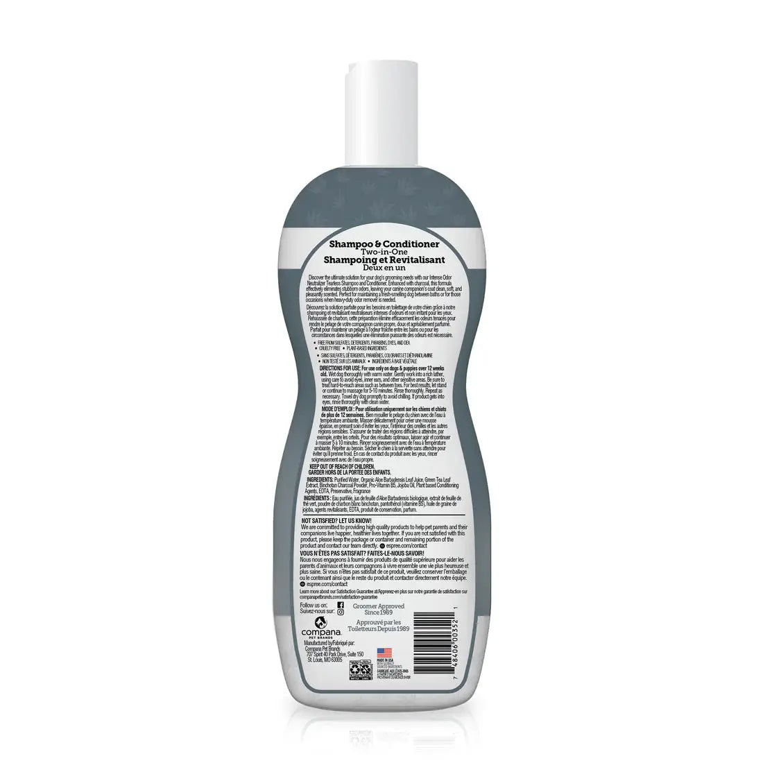 A back view of the Espree 2in1 Intense Odor Neutralizer Dog Shampoo 20 oz bottle, featuring a curvy grey and white design with a white flip cap and black text on the label for directions, ingredients, and product details.