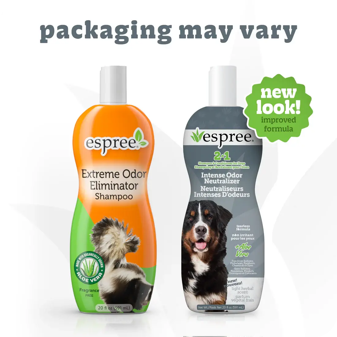 Two Espree pet shampoos are shown: an orange bottle and a gray 20 oz Espree 2in1 Intense Odor Neutralizer Dog Shampoo, featuring packaging that may vary. Benefits of a 2-in-1 formula for dogs are highlighted.