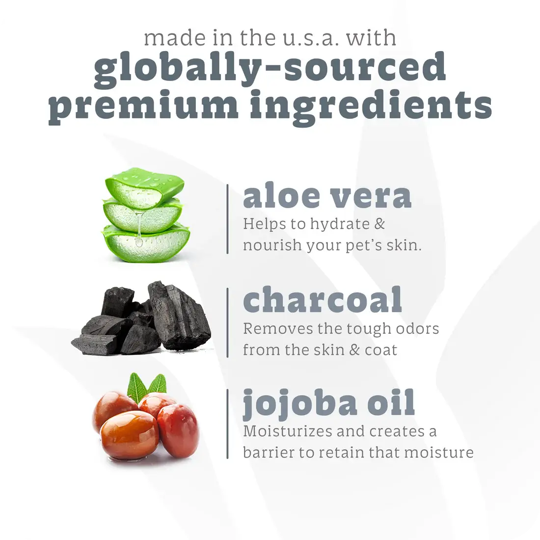 Infographic featuring aloe vera, charcoal, and jojoba oil with text: “Espree 2in1 Intense Odor Neutralizer Dog Shampoo, made in the U.S.A. with global ingredients.” Hydrates pet skin, removes odor, and retains moisture. 20 oz by Espree.