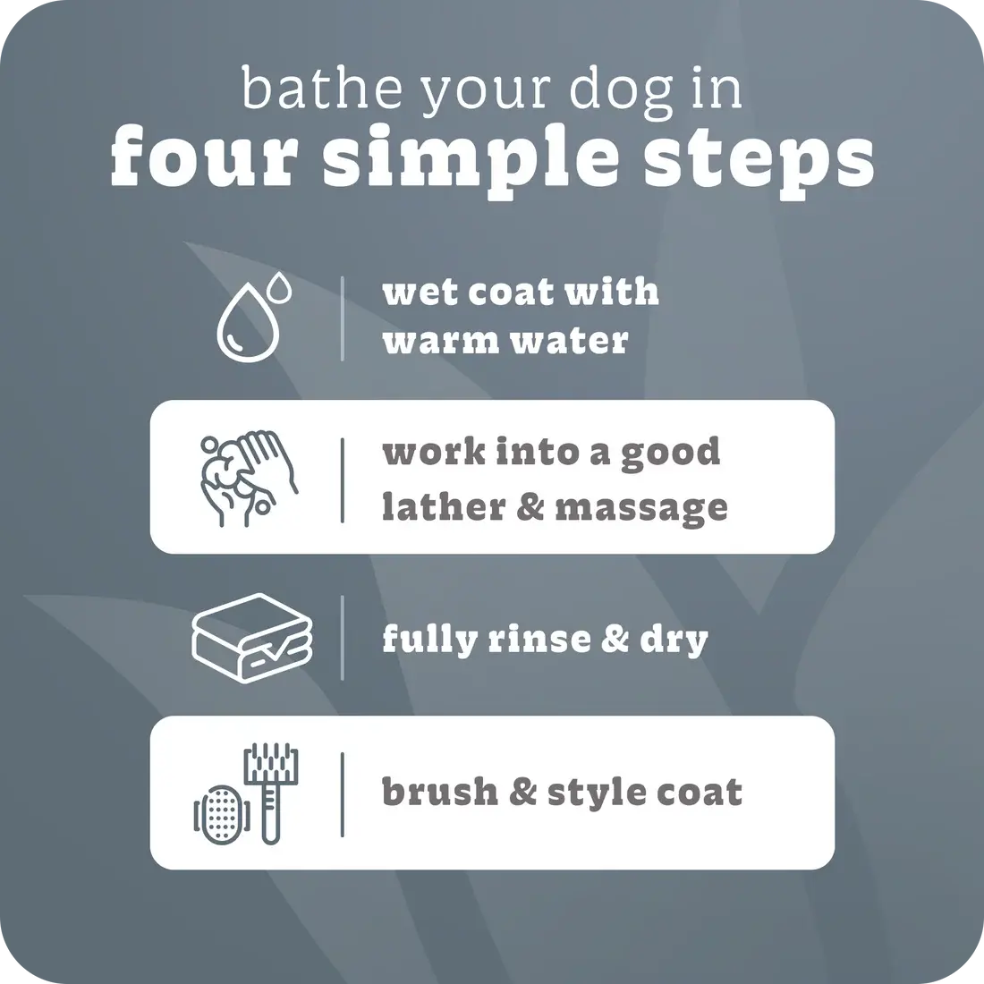 Infographic titled “bathe your dog in four simple steps” with icons: wet coat, lather Espree 2in1 Intense Odor Neutralizer Dog Shampoo 20 oz, rinse & dry, brush & style. Ideal for odor control. Brand: Espree.