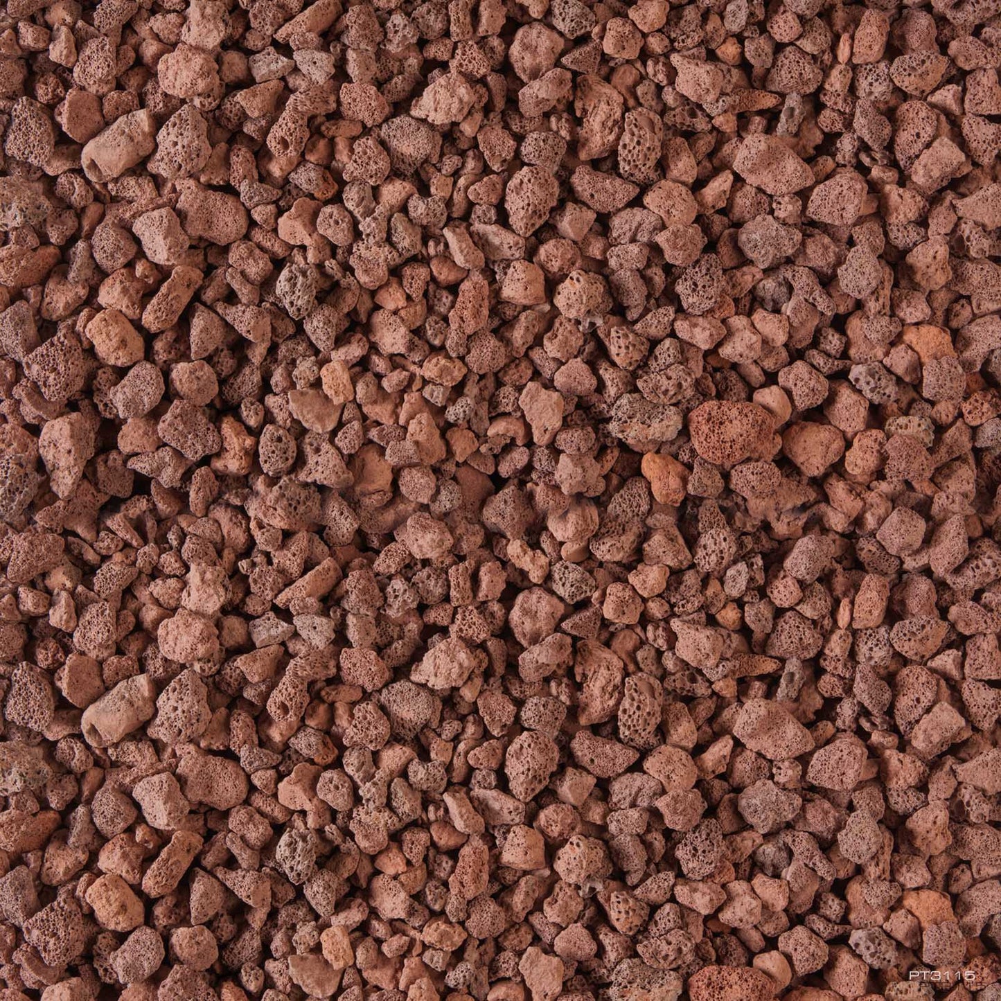 A close-up of Exo Terra Bio Drain Terrarium Draining Reptile Substrate 4.4 lb by Exo Terra, showing small, irregularly shaped reddish-brown volcanic rocks in various sizes and rough textures, ideal as a draining substrate for terrariums.