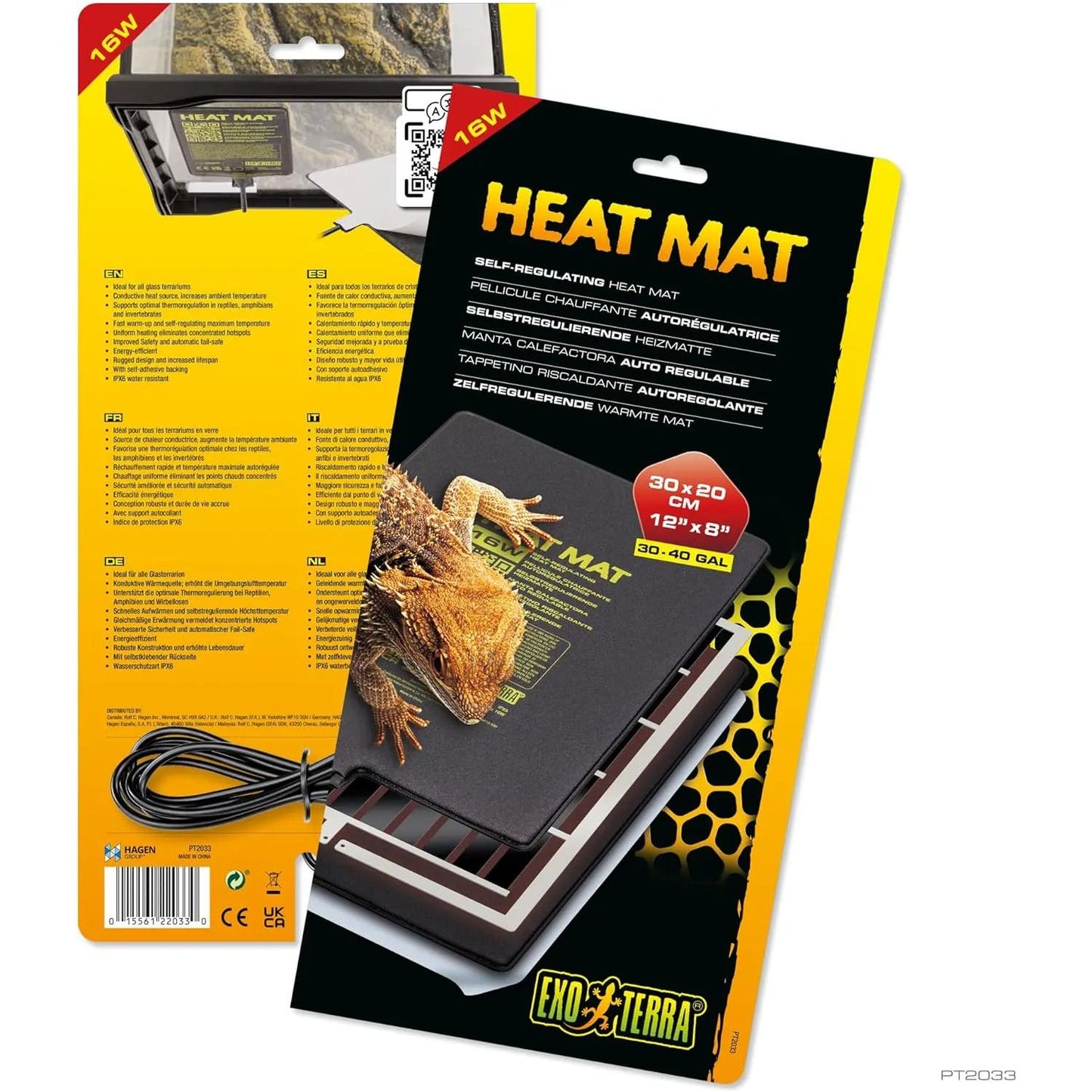 Packaging for the Exo Terra Self-Regulating Heat Mat for Reptiles & Amphibians shows a lizard on the mat, highlights features in several languages, and displays its 30x20 cm (12x8) size for 30-40 gallon tanks. Brand: Exo Terra.
