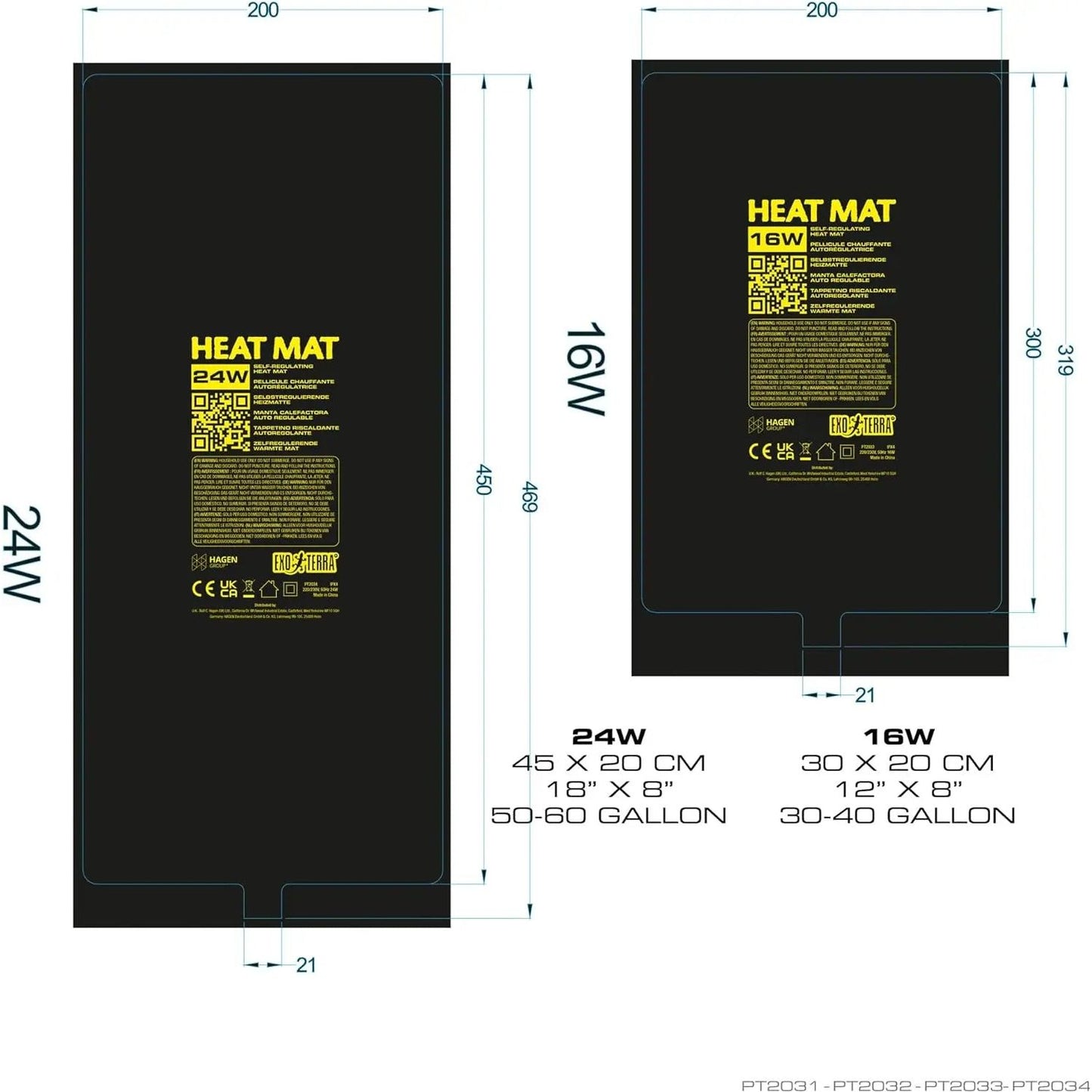 Two black Exo Terra Self-Regulating Heat Mats for reptiles & amphibians: 45 x 20 cm (24W) for 50-60 gallon tanks and 30 x 20 cm (16W) for 30-40 gallon tanks, both with yellow text displaying dimensions and wattage.
