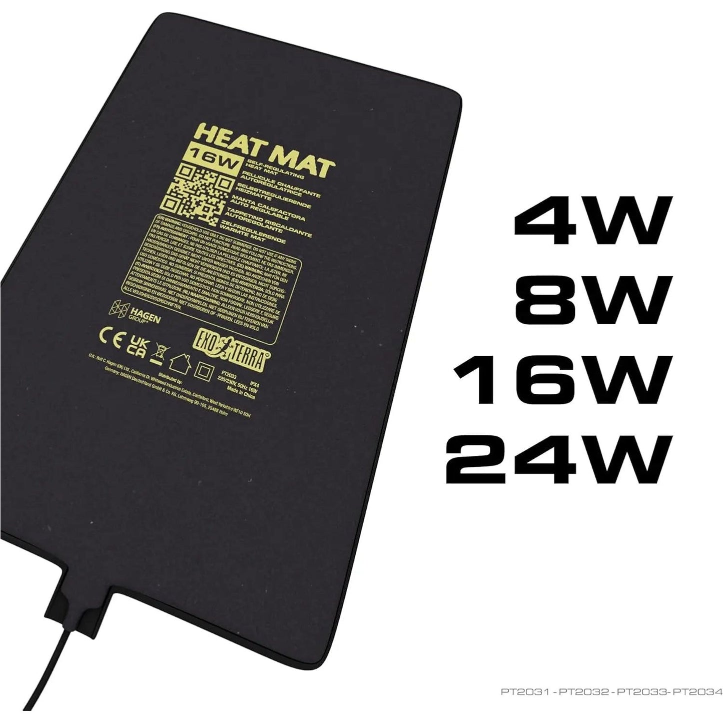 The Exo Terra Self-Regulating Heat Mat for Reptiles & Amphibians by Exo Terra is a black rectangular mat with yellow printed instructions, a power cord, and wattage options (4W, 8W, 16W, 24W) shown in large text on the right.