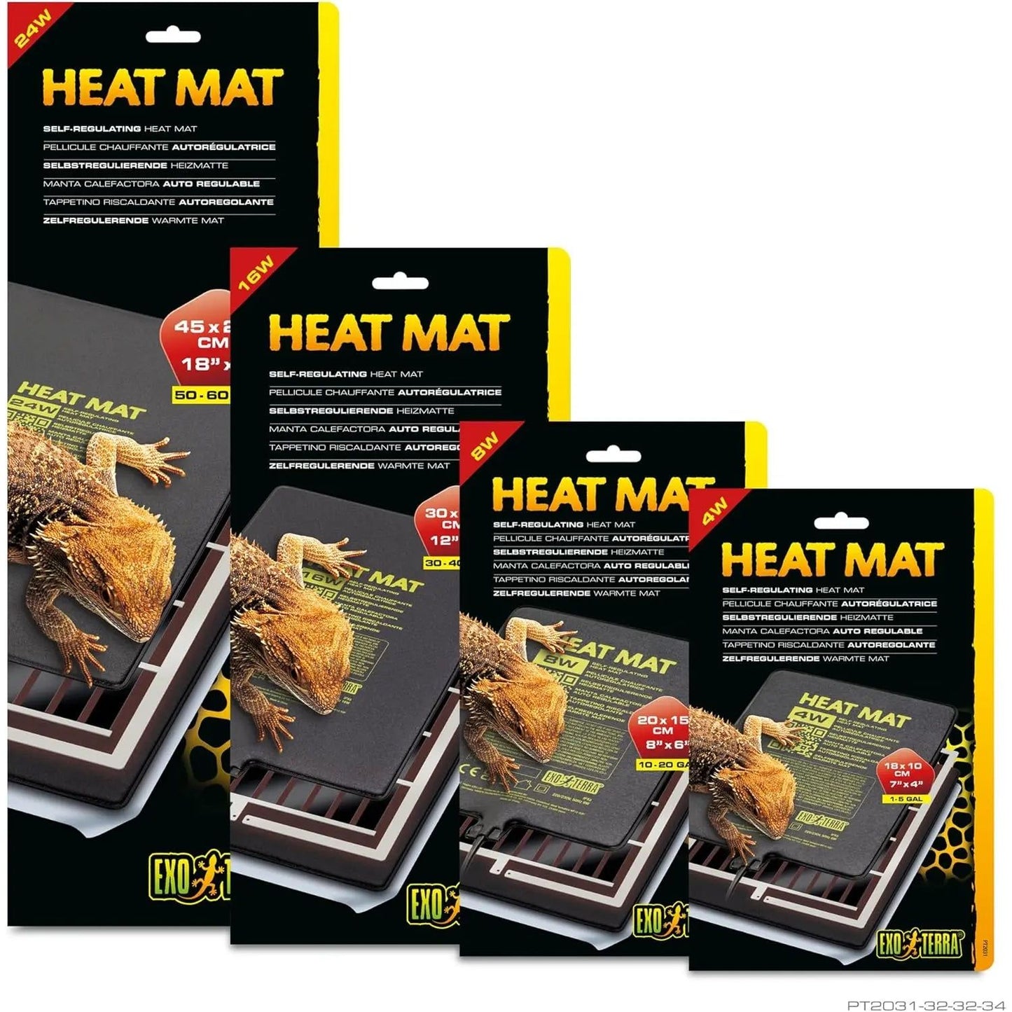 Four Exo Terra Self-Regulating Heat Mat for Reptiles & Amphibians packages are shown upright, each with a bearded dragon image and bold yellow and red text displaying key Exo Terra product details.