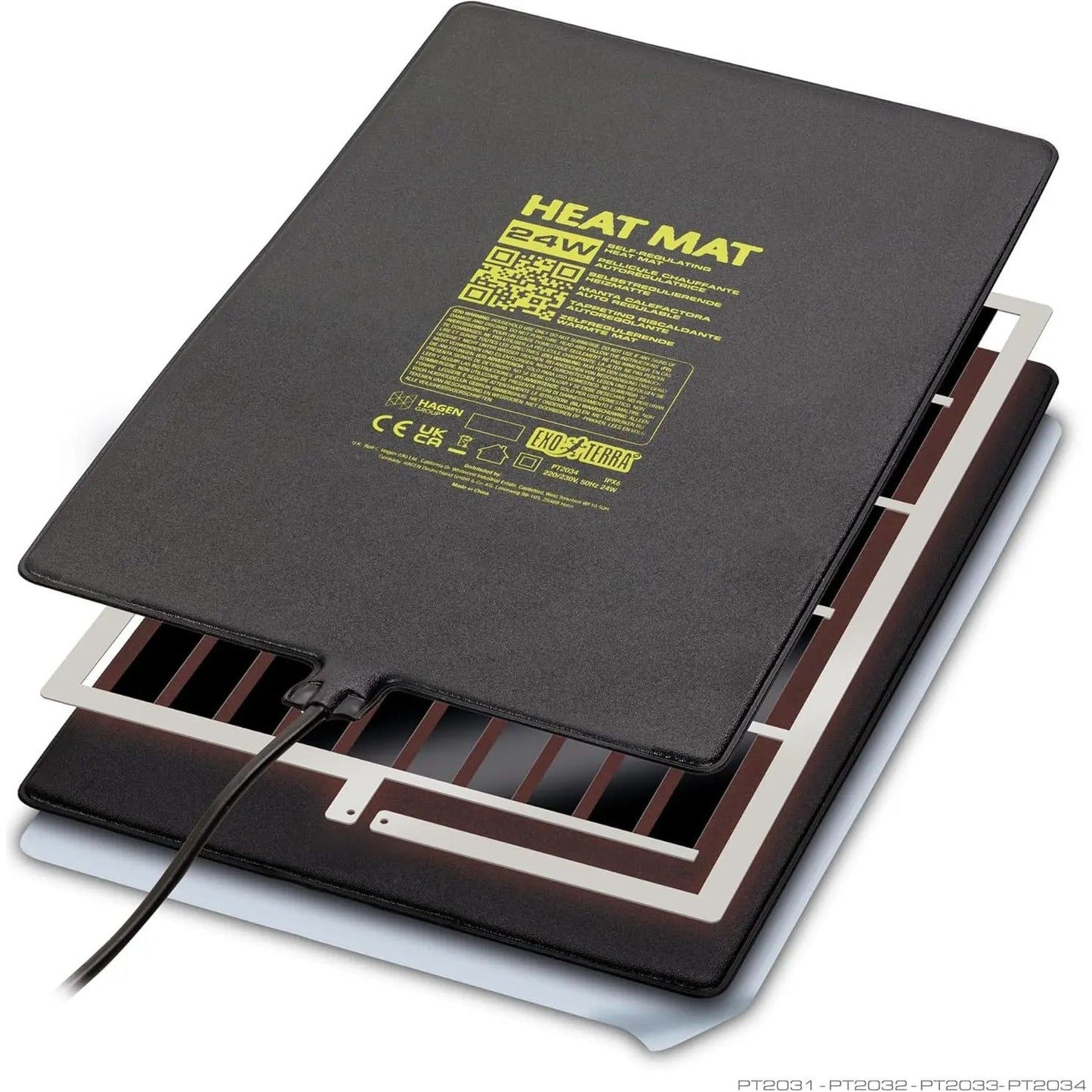 The Exo Terra Self-Regulating Heat Mat for Reptiles & Amphibians by Exo Terra is a black rectangular mat with a visible power cord and printed yellow instructions, partially overlapping another similar heat mat underneath.