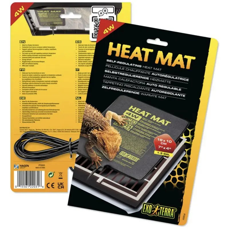 A package of the Exo Terra Self-Regulating Heat Mat for Reptiles & Amphibians by Exo Terra is shown, with a bearded dragon on the front next to the mat. The back shows product info, instructions, and a visible power cord.