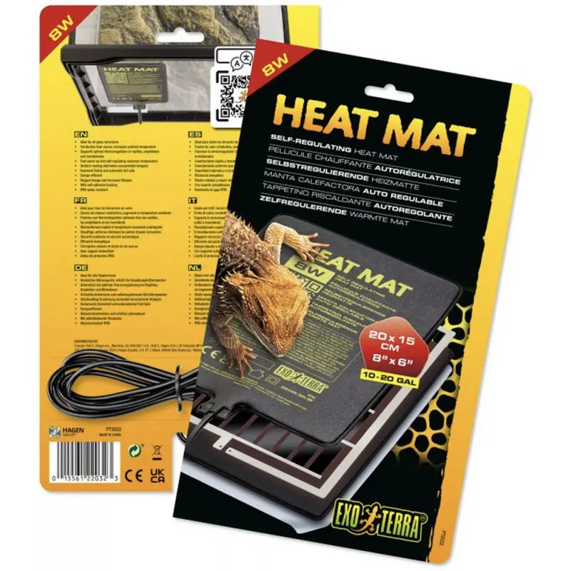 Exo Terra Self-Regulating Heat Mat for Reptiles & Amphibians (8W, 20 x 15 cm) package features the mat and a bearded dragon. Suitable for 10-20 gallon enclosures, with multi-language text on the Exo Terra branded box.