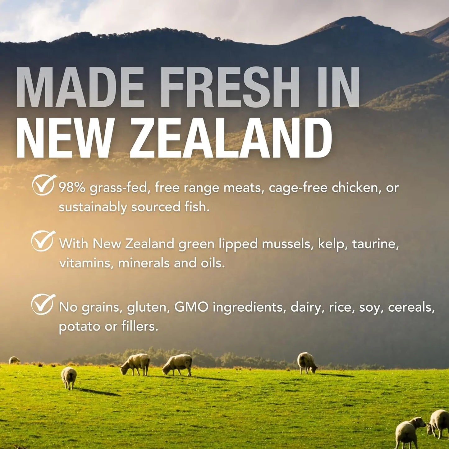 Sheep graze in a grassy field with mountains behind. Text promotes Feline Natural Beef Feast Grain-Free Canned Cat Food, made in New Zealand using grass-fed beef, kelp, and mussels—no grains or fillers.