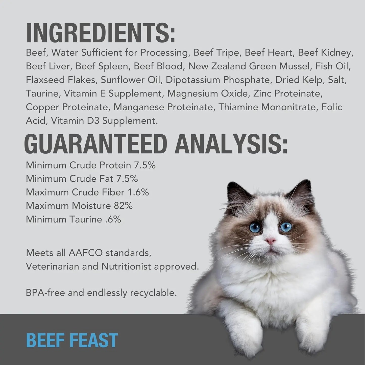 A fluffy white and gray cat with blue eyes sits in front of a Feline Natural Beef Feast Grain-Free Canned Cat Food label featuring wholefood ingredients and guaranteed analysis, set against a blue-gray background.