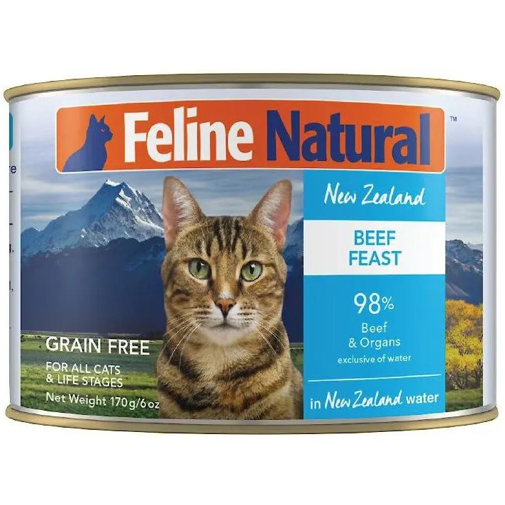 A 170g/6oz can of Feline Natural Beef Feast Grain-Free Canned Cat Food, made with 98% grass-fed beef and organs, features a tabby cat, mountains, and fields on the label.