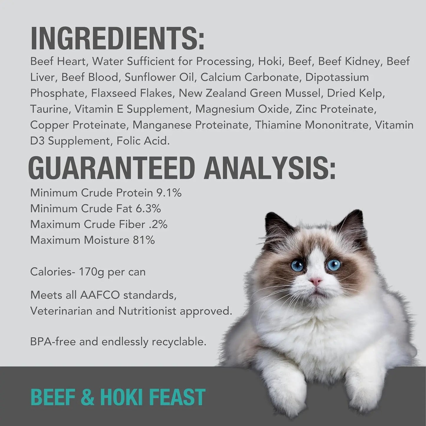 A fluffy white and gray cat with blue eyes sits beside product info for Feline Natural Beef & Hoki Feast Grain-Free Canned Cat Food. Ingredients, guaranteed analysis, and nutrition facts appear on a gray background.
