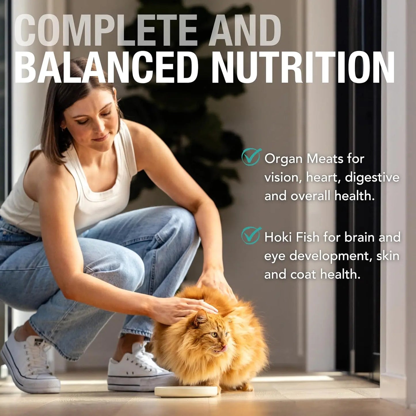 A woman in a white tank top and jeans pets a fluffy orange cat eating Feline Natural Beef & Hoki Feast Grain-Free Canned Cat Food, as text highlights organ meats and New Zealand Wholefood Ingredients. Heading reads: “Complete and Balanced Nutrition.”.