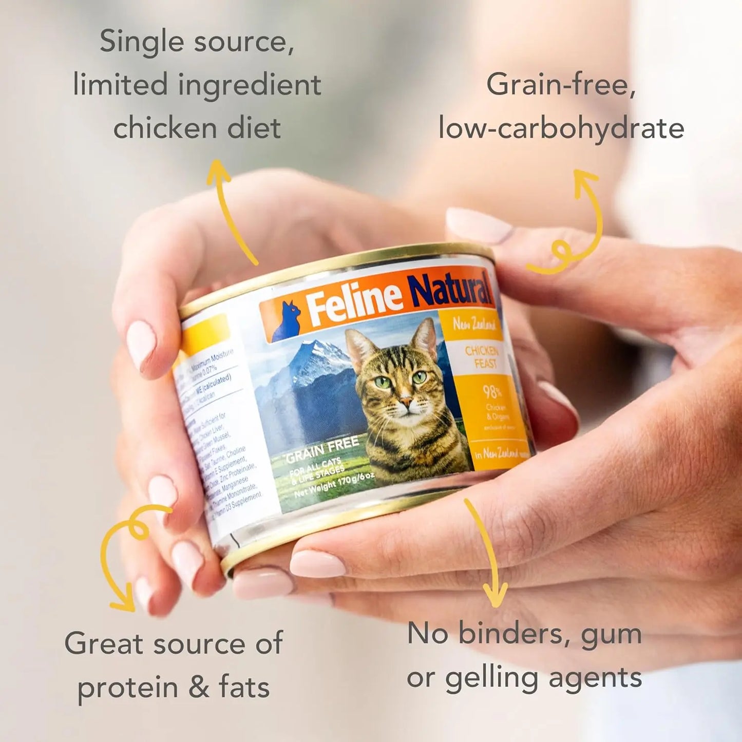 A person holds a can of Feline Natural Chicken Feast Grain-Free Canned Cat Food. Surrounding text highlights: single source, limited ingredient cage-free chicken diet, wholesome nutrition, no binders or gums, low-carb, rich in protein & fats.