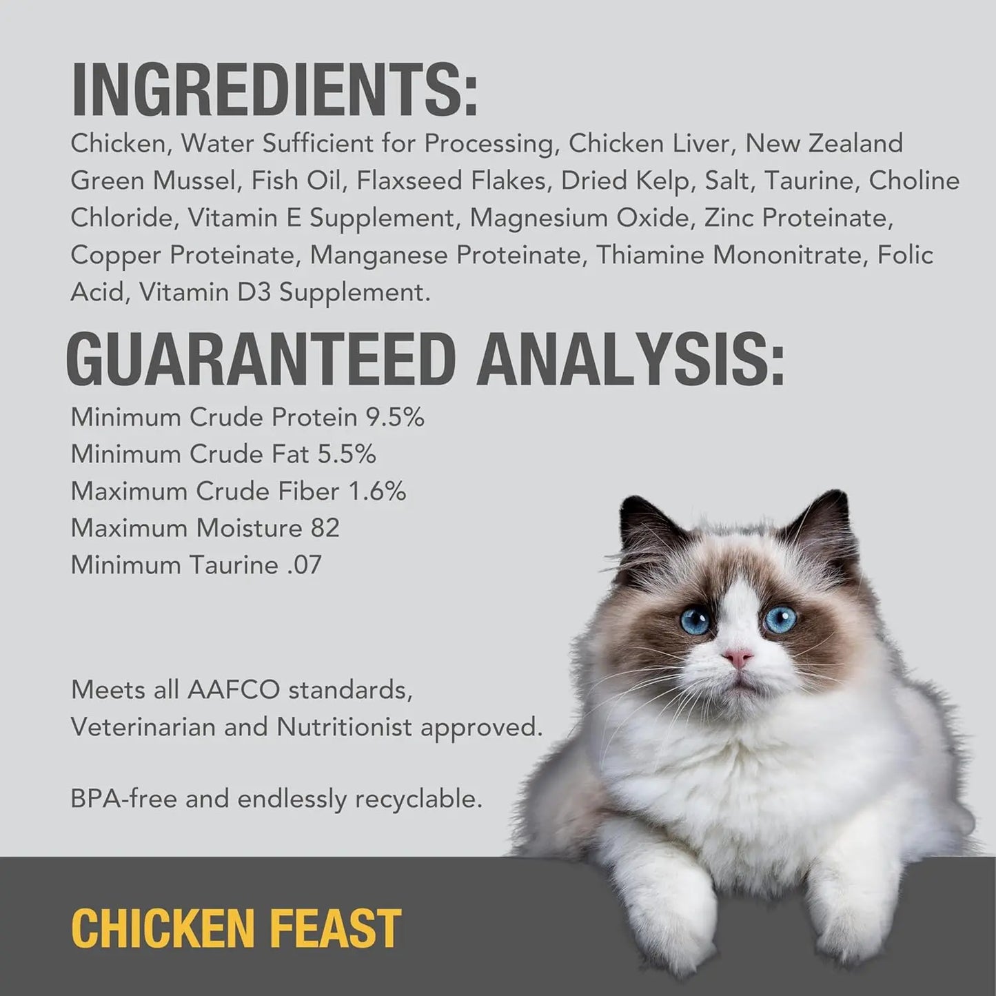 A fluffy white and gray blue-eyed cat sits before wholesome nutrition facts, grain-free cat food ingredients, and product claims on a gray background labeled Feline Natural Chicken Feast Grain-Free Canned Cat Food by Feline Natural.