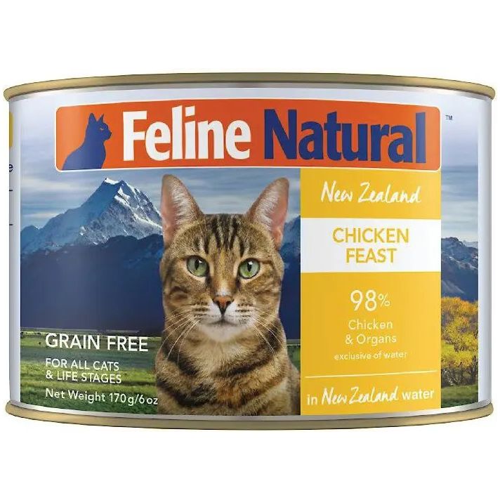A can of Feline Natural Chicken Feast Grain-Free Canned Cat Food, featuring a tabby cat and mountain design. Made with 98% cage-free chicken and organs plus pure New Zealand water for wholesome nutrition.