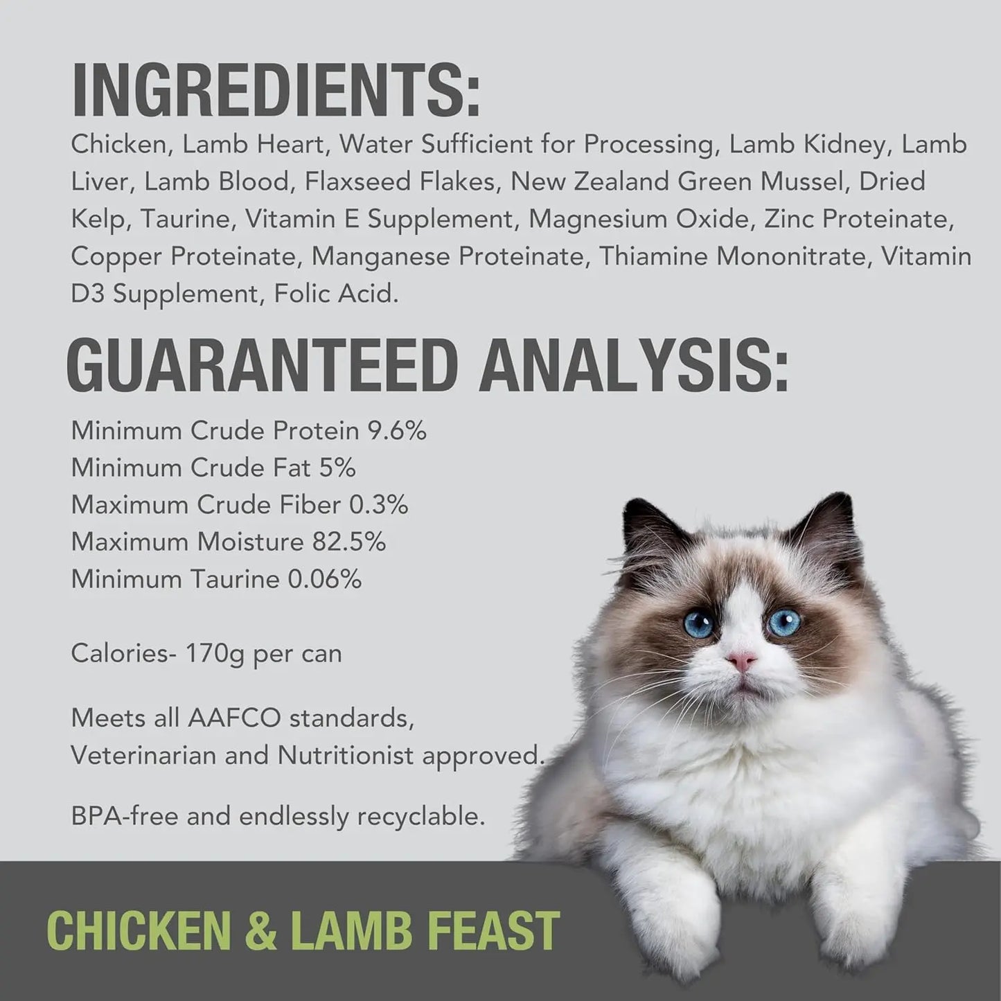 A fluffy white and gray cat with blue eyes sits on a light gray background beside text showing the ingredients and nutritional analysis for Feline Natural Chicken & Lamb Feast Grain-Free Canned Cat Food.
