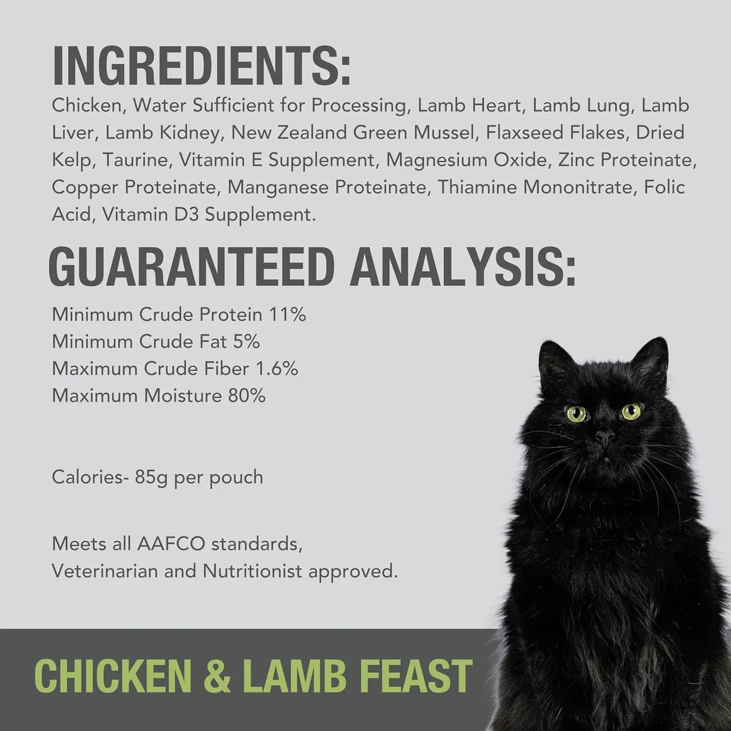 A black cat sits before a gray backdrop displaying details on ingredients, guaranteed analysis, and nutrition for Feline Natural Feast Grain-Free Wet Cat Food Pouch 12/3oz by Feline Natural.