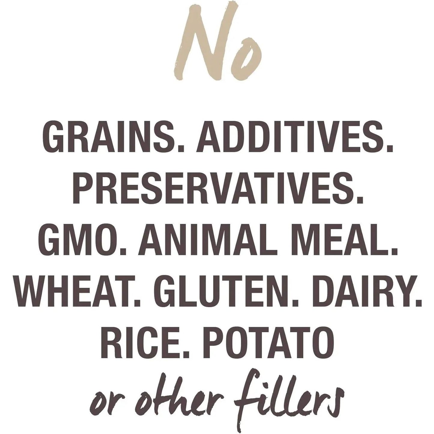 Text graphic: Feline Natural Lamb Feast Grain-Free Canned Cat Food contains no grains, additives, preservatives, GMOs, animal meal, wheat, gluten, dairy, rice, potato or fillers. Pure quality from Feline Natural in every bite.