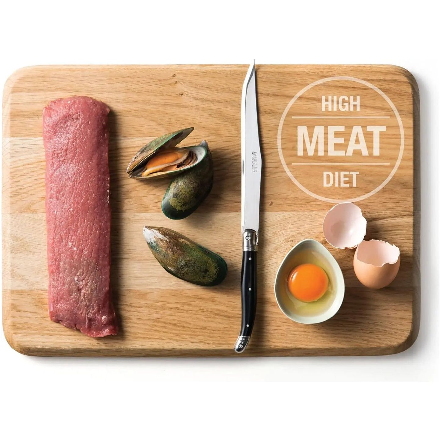 A wooden cutting board holds a raw beef strip, two green mussels, a knife, and a cracked egg. HIGH MEAT DIET is written on the board, ideal inspiration for Feline Natural Lamb Feast Grain-Free Canned Cat Food by Feline Natural.