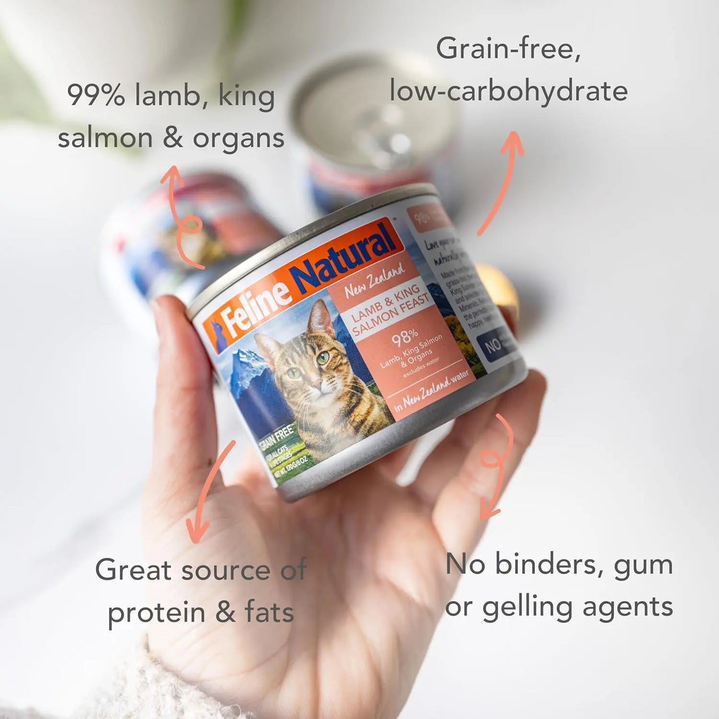 A hand holds a can of Feline Natural Lamb & King Salmon Feast Grain-Free Canned Cat Food, featuring 99% lamb, king salmon & organs, no grains, binders or gelling agents—a protein- and fat-rich recipe by Feline Natural.
