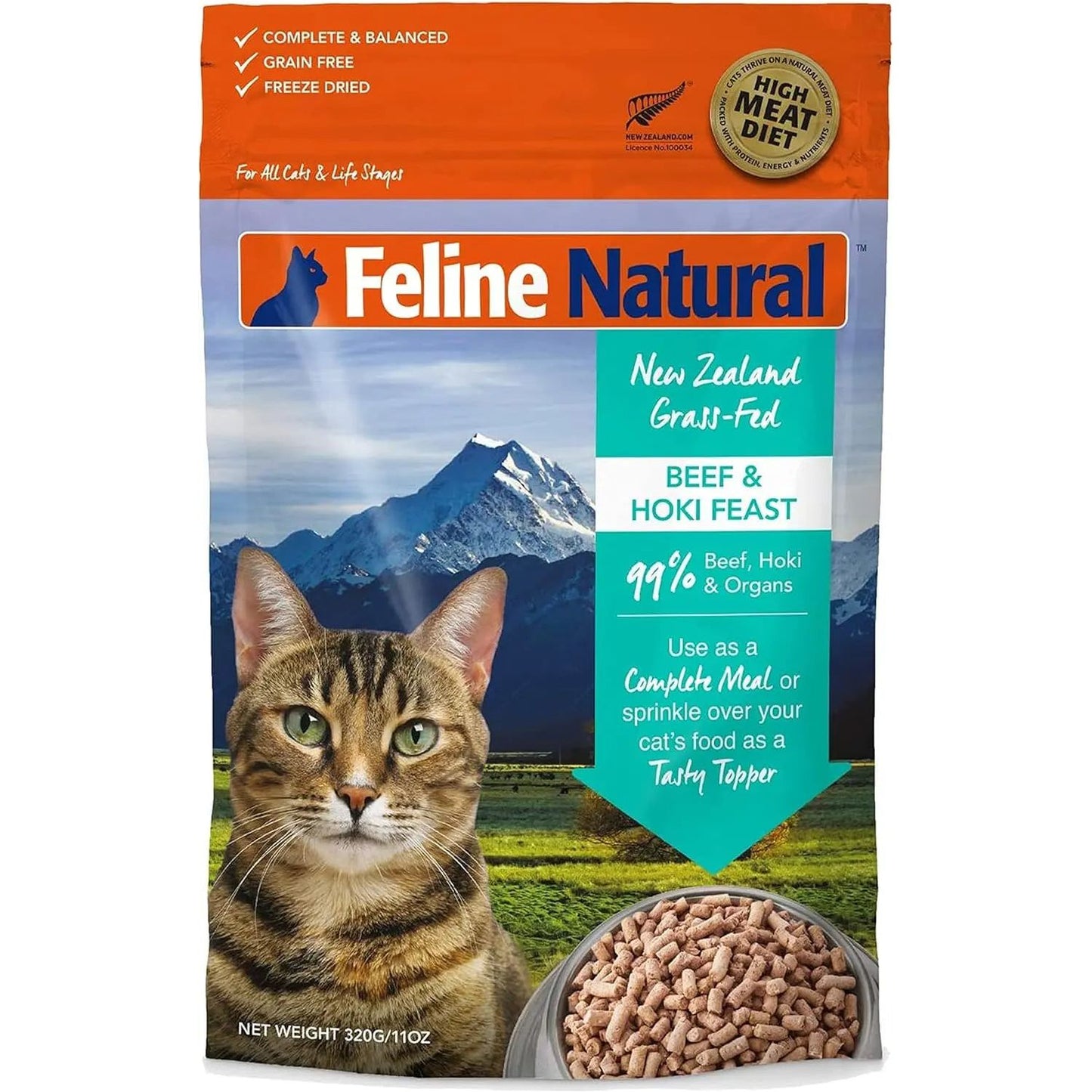 A bag of Feline Natural New Zealand Beef & Hoki Feast Grain-Free Freeze-Dried Cat Food shows a tabby cat, meaty bowl, and snowy mountains. Highlights 99% meat, freeze-dried nutrition, and use as meal or topper. Orange, blue, green design.
