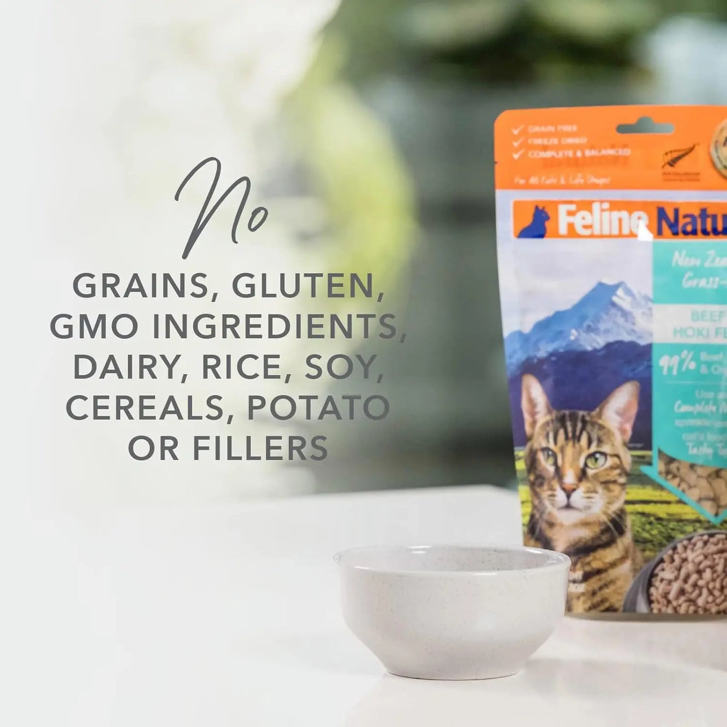 A bowl sits on a white surface in front of a bag of Feline Natural New Zealand Beef & Hoki Feast Grain-Free Freeze-Dried Cat Food. Text on the image reads: No grains, gluten, GMOs, dairy, rice, soy, cereals, potato or fillers.