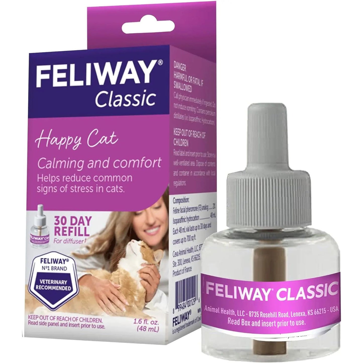 Feliway Classic Cat Calming Pheromone 30 Day Refill by Feliway helps reduce stress in cats with calming pheromones. The box shows a woman holding a cat, emphasizing stress relief, and the bottle has a purple label and dropper.