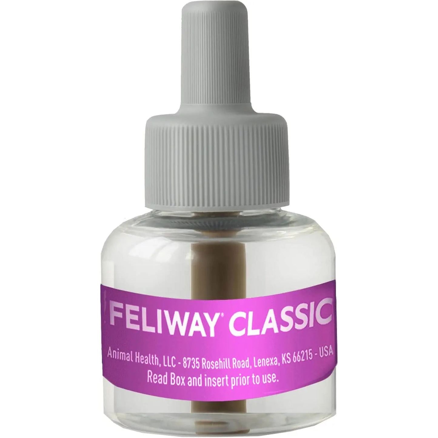 A small clear bottle with a gray cap labeled Feliway Classic Cat Calming Pheromone 30 Day Refill by Feliway, used as a diffuser refill to help reduce cat stress-related behaviors. The purple label displays product and brand details.