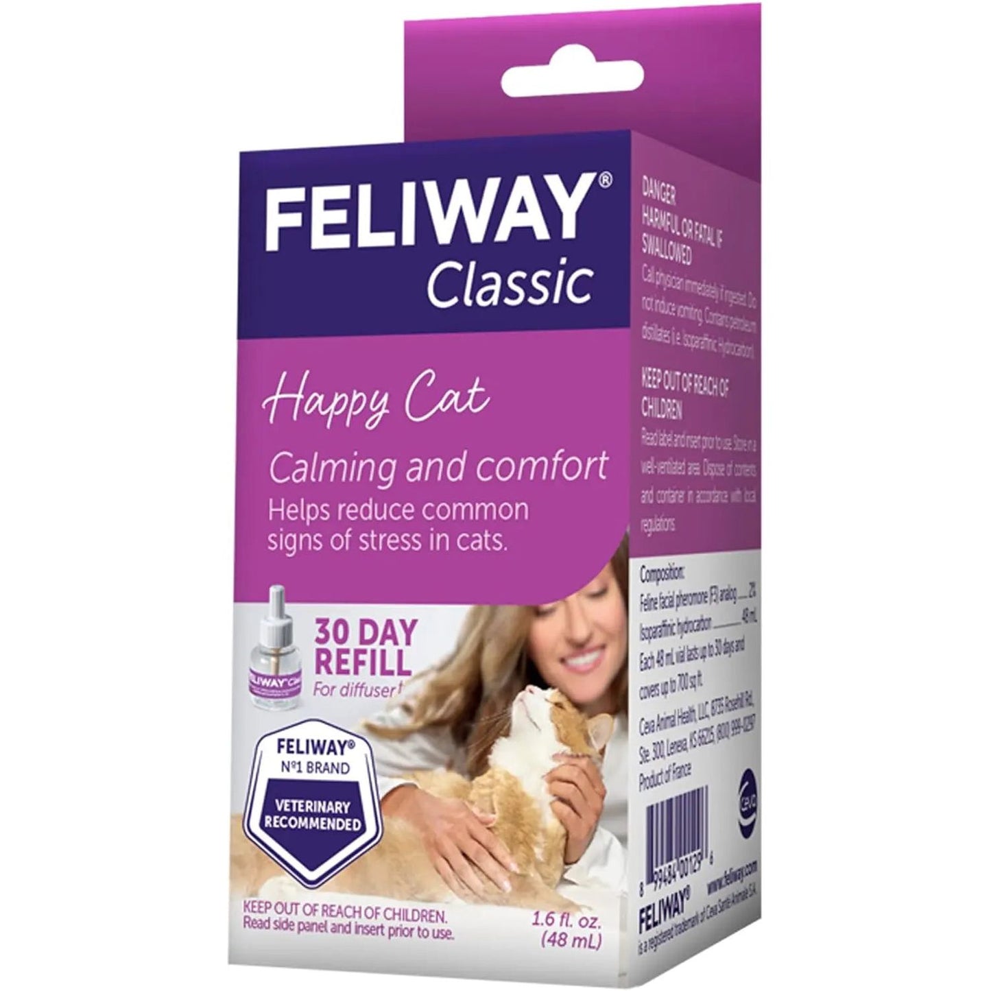 The Feliway Classic Cat Calming Pheromone 30 Day Refill by Feliway features packaging with a woman petting a relaxed orange and white cat and highlights pheromones to help reduce stress-related behaviors in cats.
