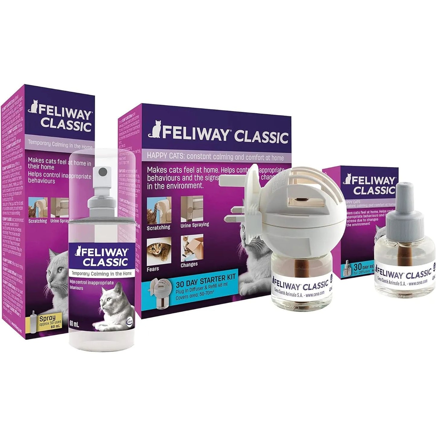 Feliway Classic Cat Calming Pheromone 30 Day Refill by Feliway uses calming pheromones to reduce stress behaviors in cats. The refill packaging displays images of cats and product details for easy identification.