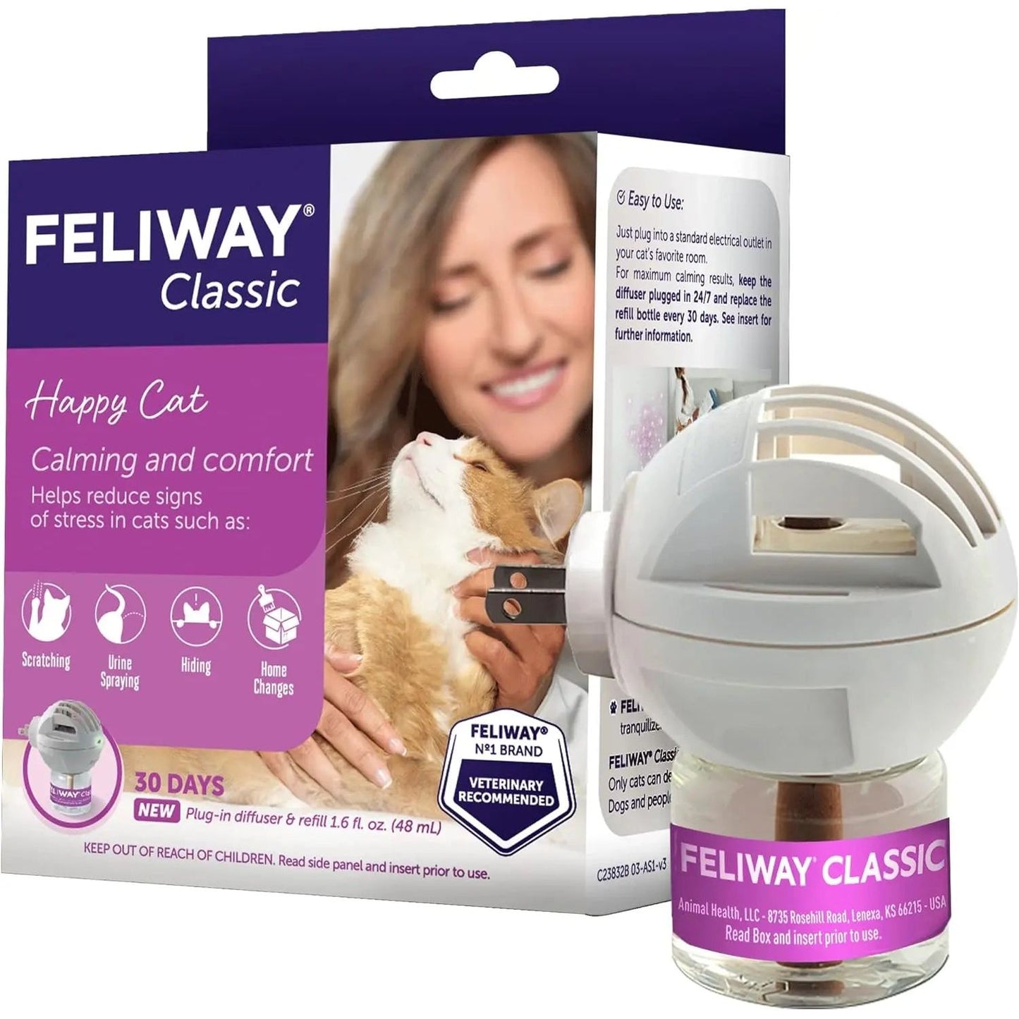A woman gently pets a relaxed orange and white cat next to the Feliway Classic Cat Calming Pheromone Diffuser 30 Day Starter Kit 48 mL by Feliway, which helps reduce feline stress with soothing pheromones.