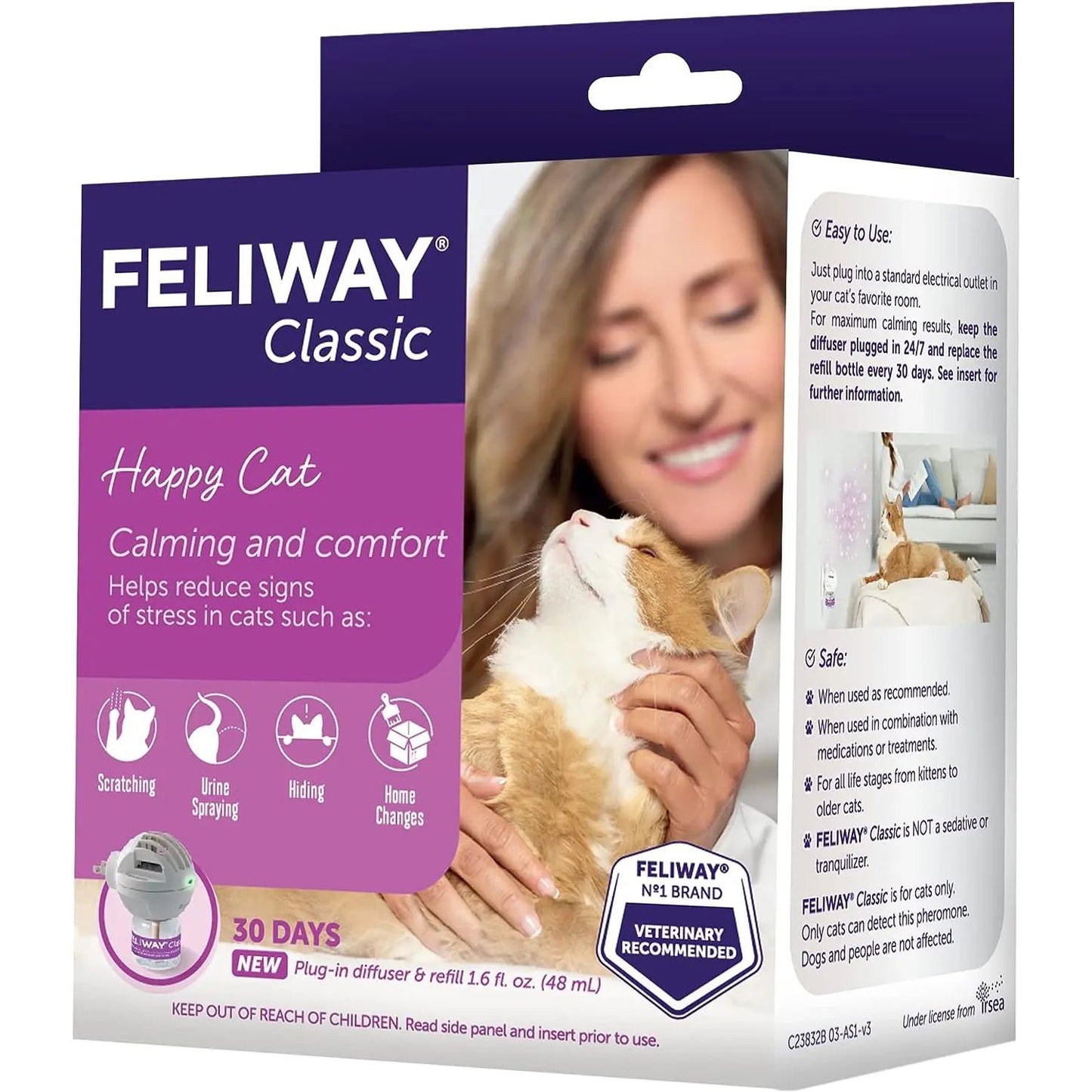 A smiling woman gently cuddles an orange and white cat beside a Feliway Classic Cat Calming Pheromone Diffuser 30 Day Starter Kit box, featuring icons for scratching, urine spraying, hiding, and promoting cat stress relief.