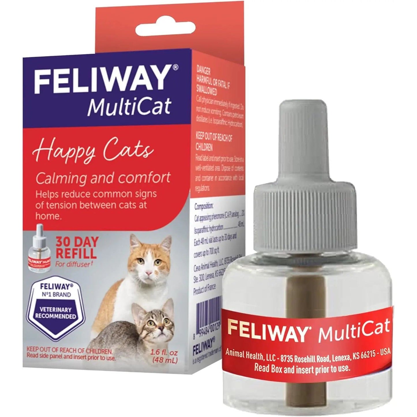 The Feliway MultiCat Calming Pheromone 30 Day Refill by Feliway is displayed before its box, which shows two cats and promotes its calming formula for reducing cat conflict and supporting a harmonious home.