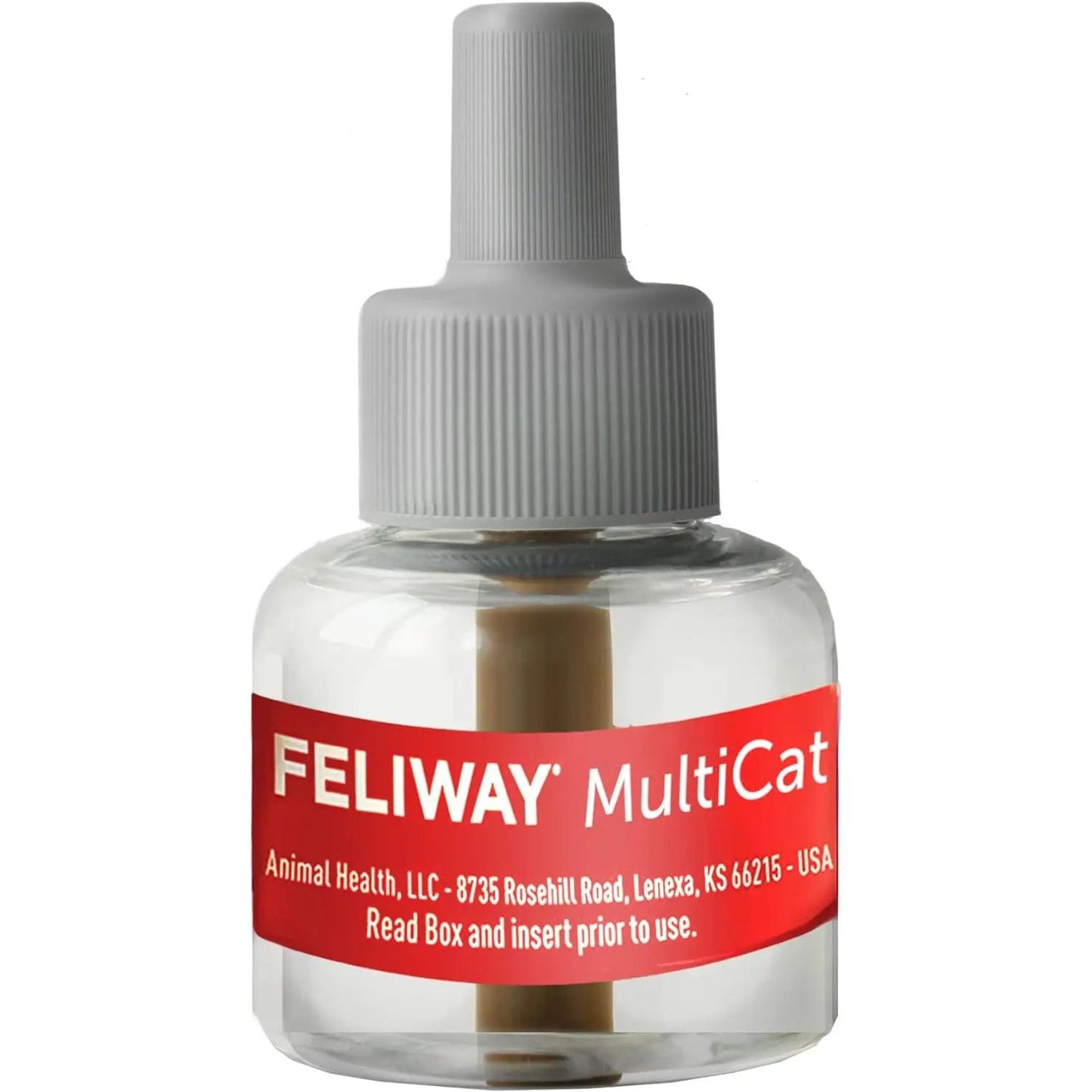 A clear Feliway MultiCat Calming Pheromone 30 Day Refill bottle with a gray cap and red label from Feliway, designed to release calming pheromones that help reduce cat conflicts.
